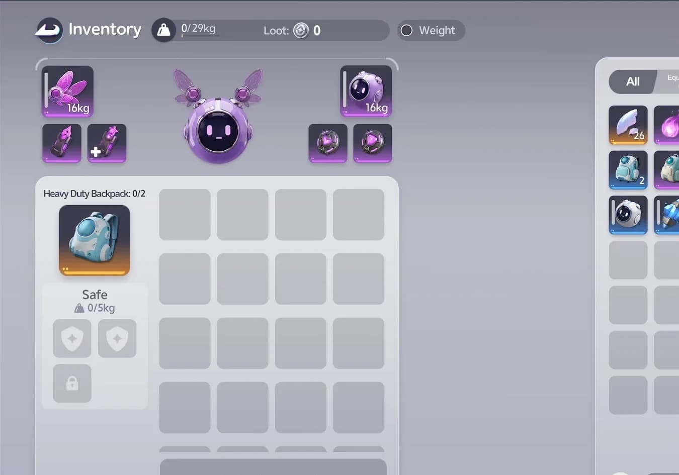 Egg Heist equipment screen with an Attack Amplifier, Protective Unit, backpack and Safe