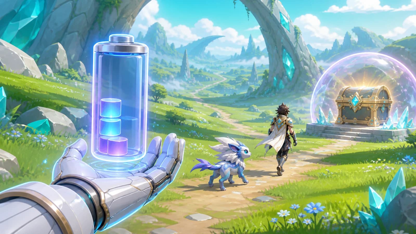 A nearly empty glowing energy battery floats above a white gauntlet while an adventurer and small creature walk freely toward an open fantasy valley and a sealed reward chest