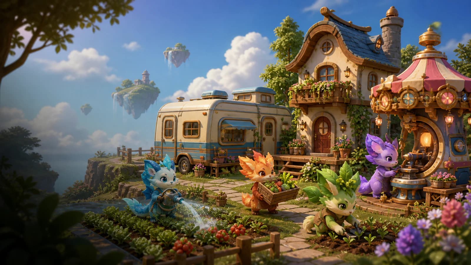 An RV and two-storey cottage overlook a farm where four elemental helpers water, plant, carry produce and run a fairground machine