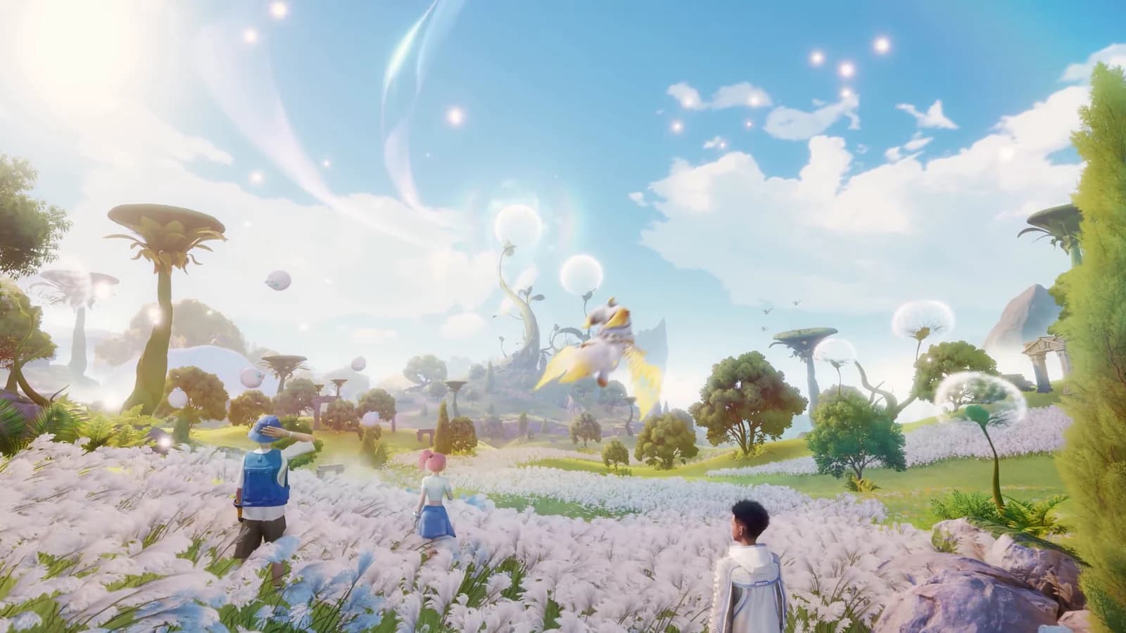 Three Pathfinders crossing a wide white flower field in Idyll while a winged Aniimo glides over the hills behind them