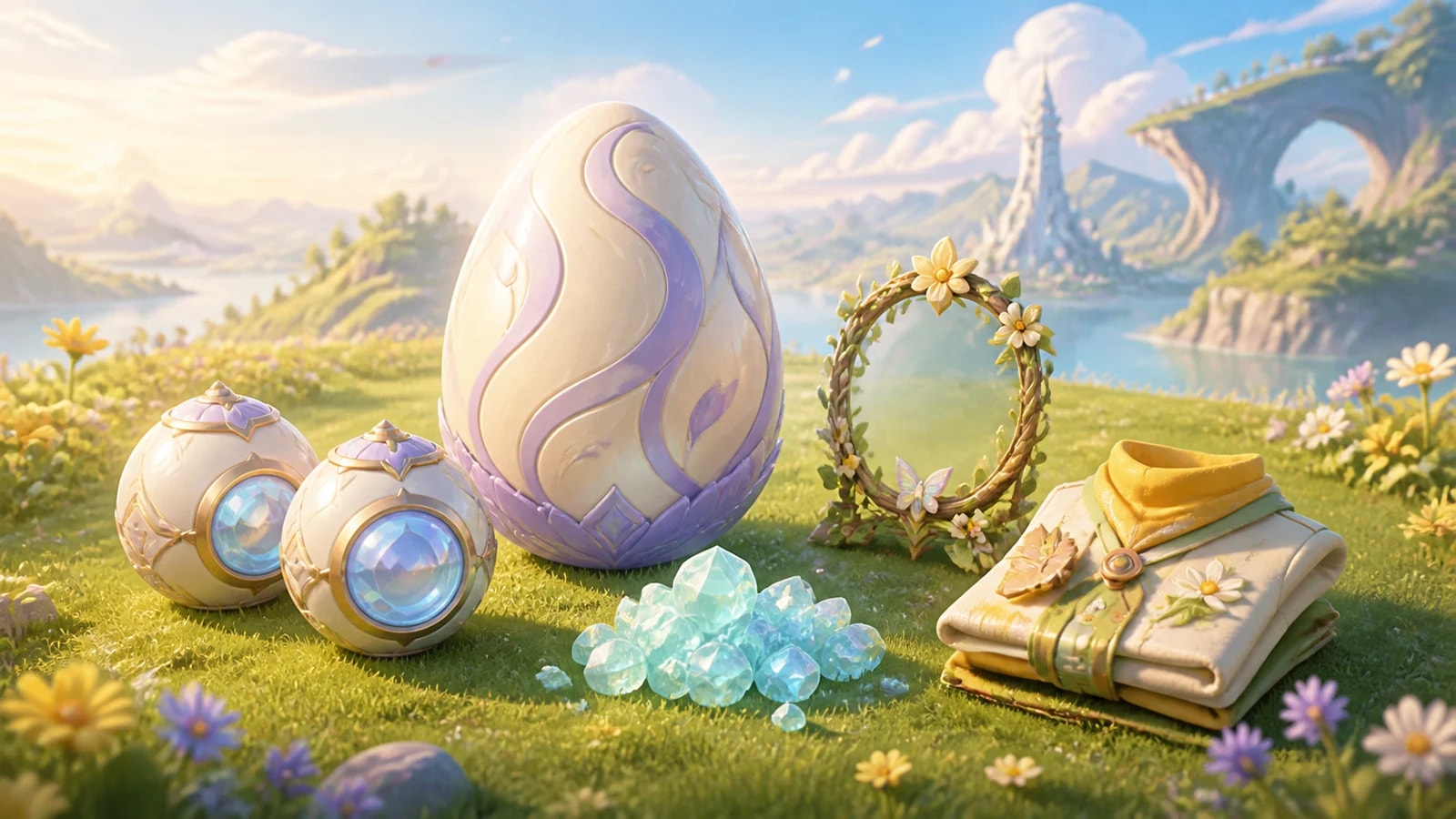 A mysterious egg, two capture capsules, glowing crystals, a flowered avatar frame and a folded sunny outfit arranged in a bright fantasy meadow