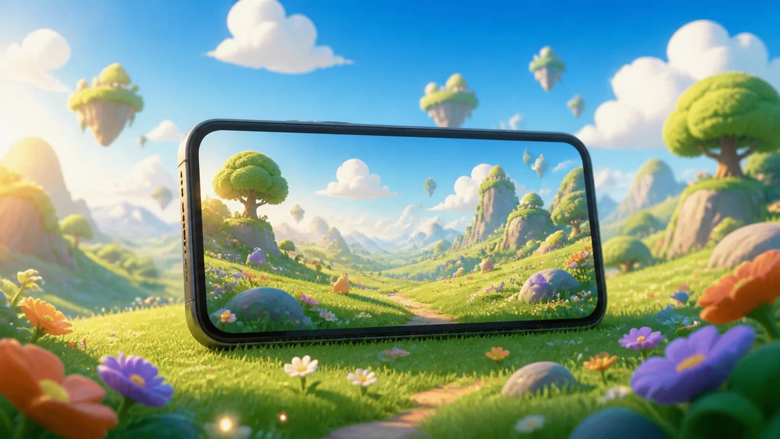 A smartphone displays a bright fantasy meadow that continues into the landscape around it