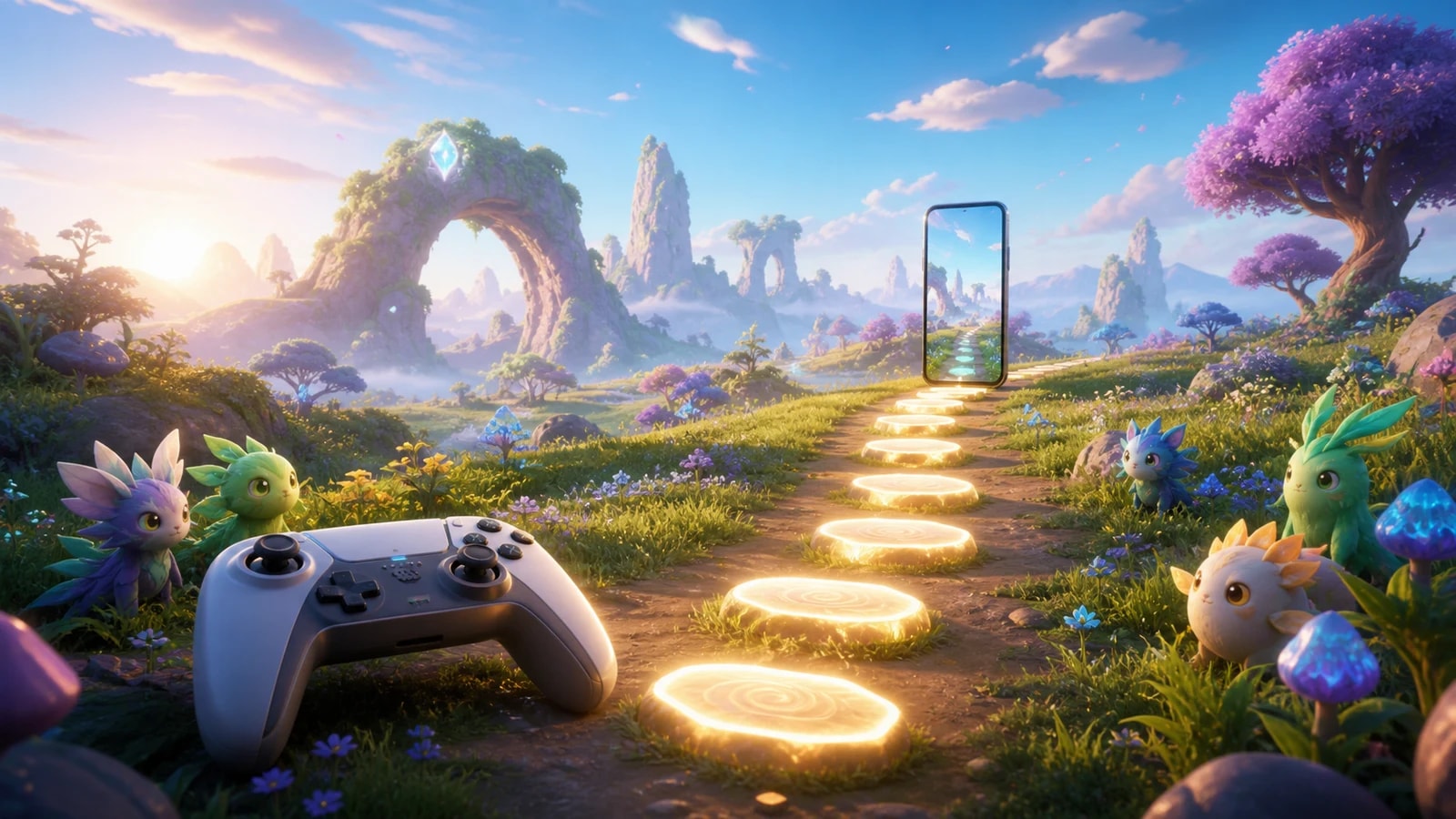 A trail of glowing stepping stones leads from a game controller toward a smartphone in a bright fantasy meadow