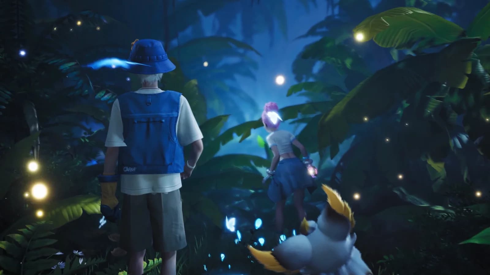 Two Pathfinders and their Aniimo walk together through a glowing night forest lit by drifting lanterns
