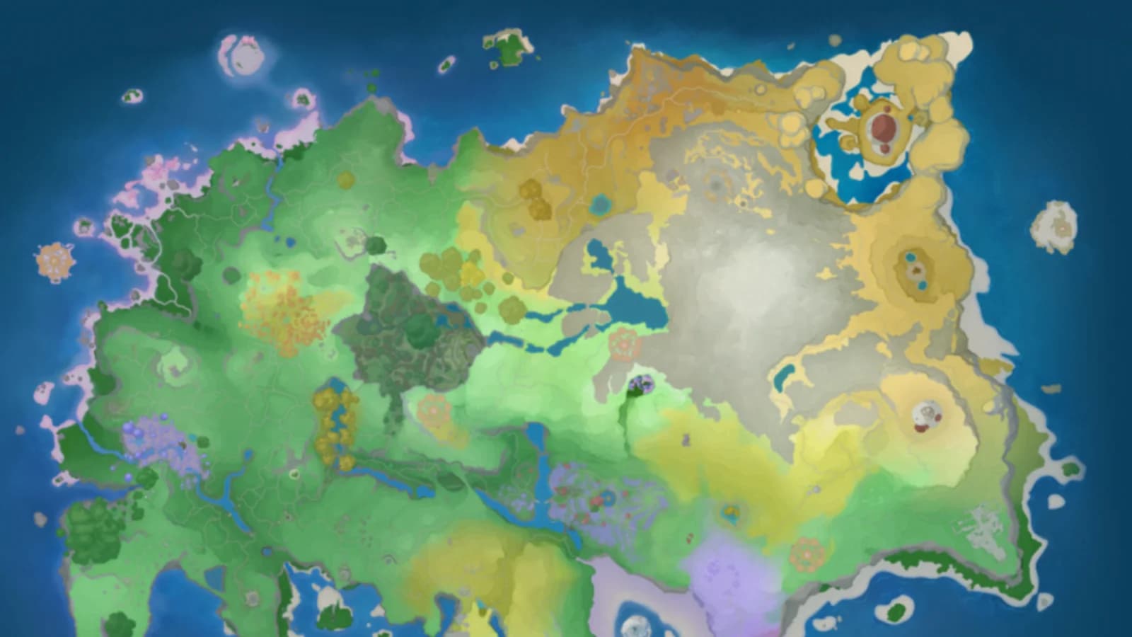 A wide, undecorated view of Idyll's painted world map showing its coastline and biomes