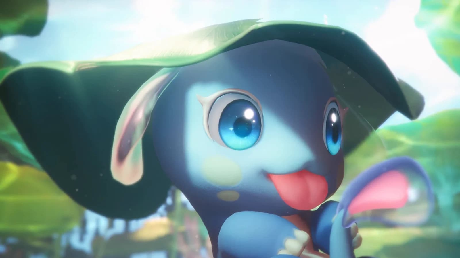 A blue Aniimo wearing a leaf like a hat grins up at the camera from a sunlit lotus pond