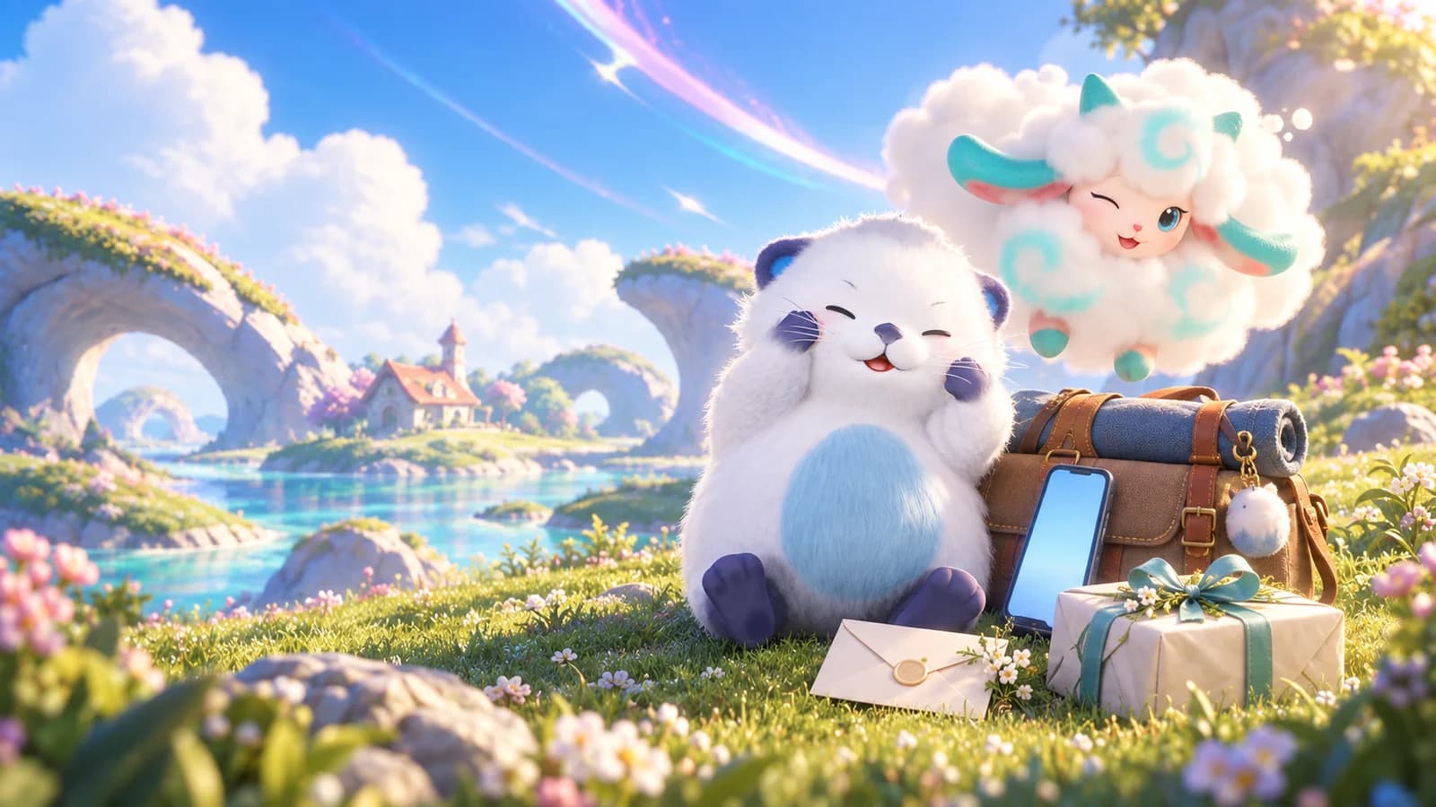 Susuta and Nimbi wait beside a travel bag, envelope, gift parcel and phone in an Idyll meadow