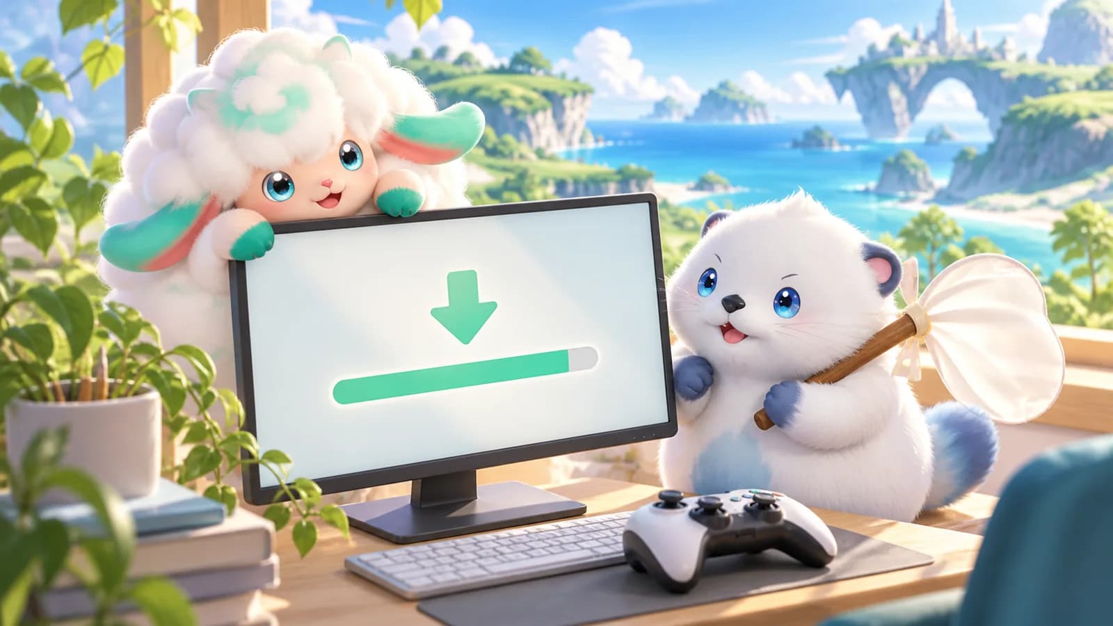 Susuta and Nimbi gather beside a computer displaying a download arrow and a game controller in a sunny room