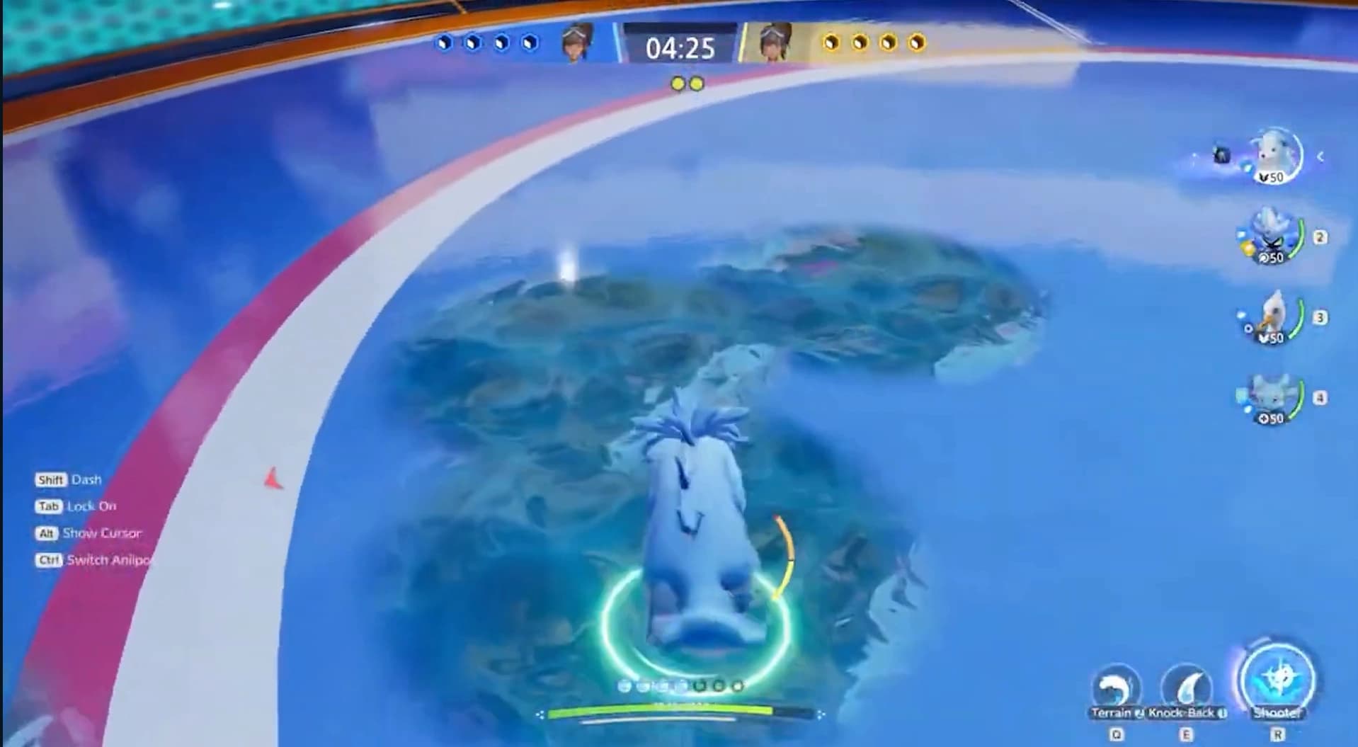 A blue-furred Aniimo faces the center of a circular arena while separate team rosters, a match timer and score markers frame the battle