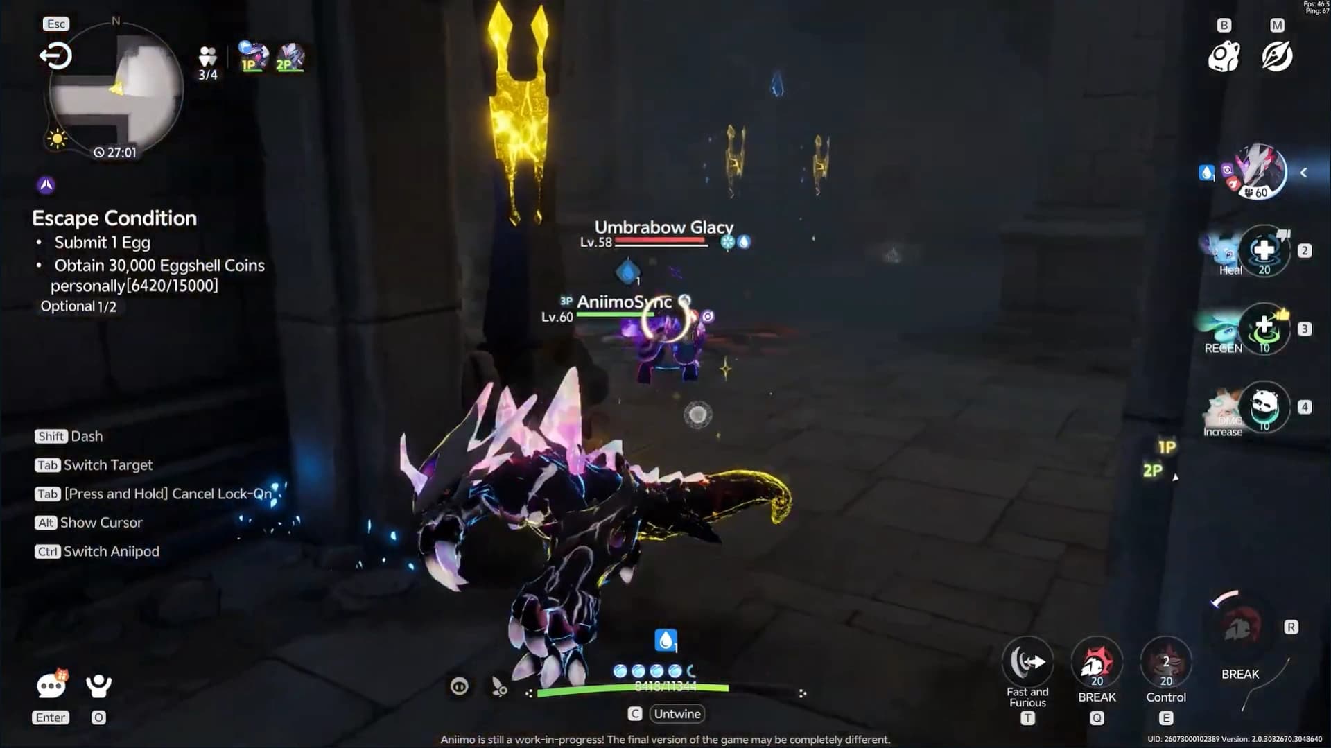 An Egg Heist player confronts an Umbrabow Glacy inside the Lost Sanctum while the escape conditions and team markers remain visible.