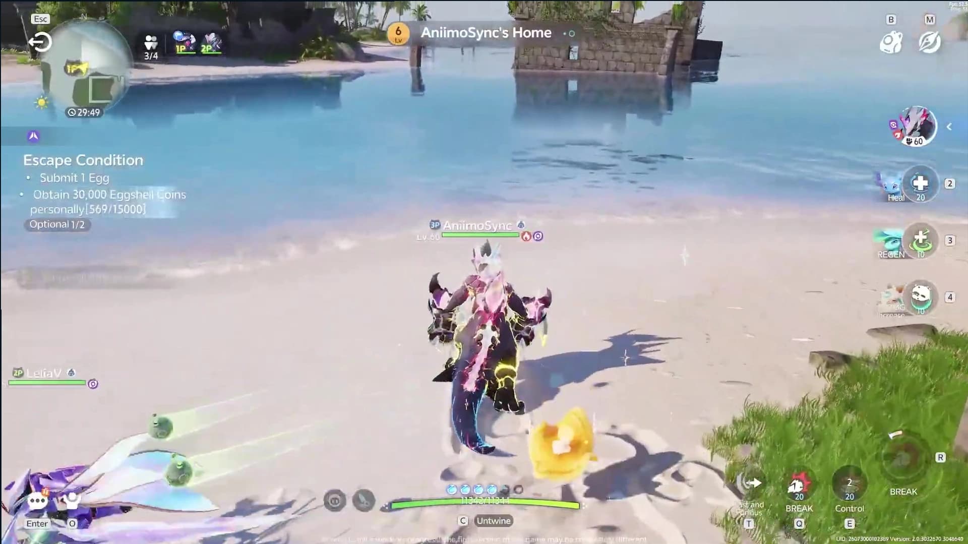 An Egg Heist run on an island beach, with the escape conditions to submit one egg and collect Eggshell Coins listed beside the run timer and a team counter