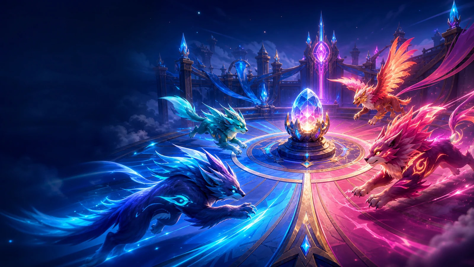 Two rival teams of elemental companion creatures race toward a crystal egg at the center of a blue and magenta sky arena