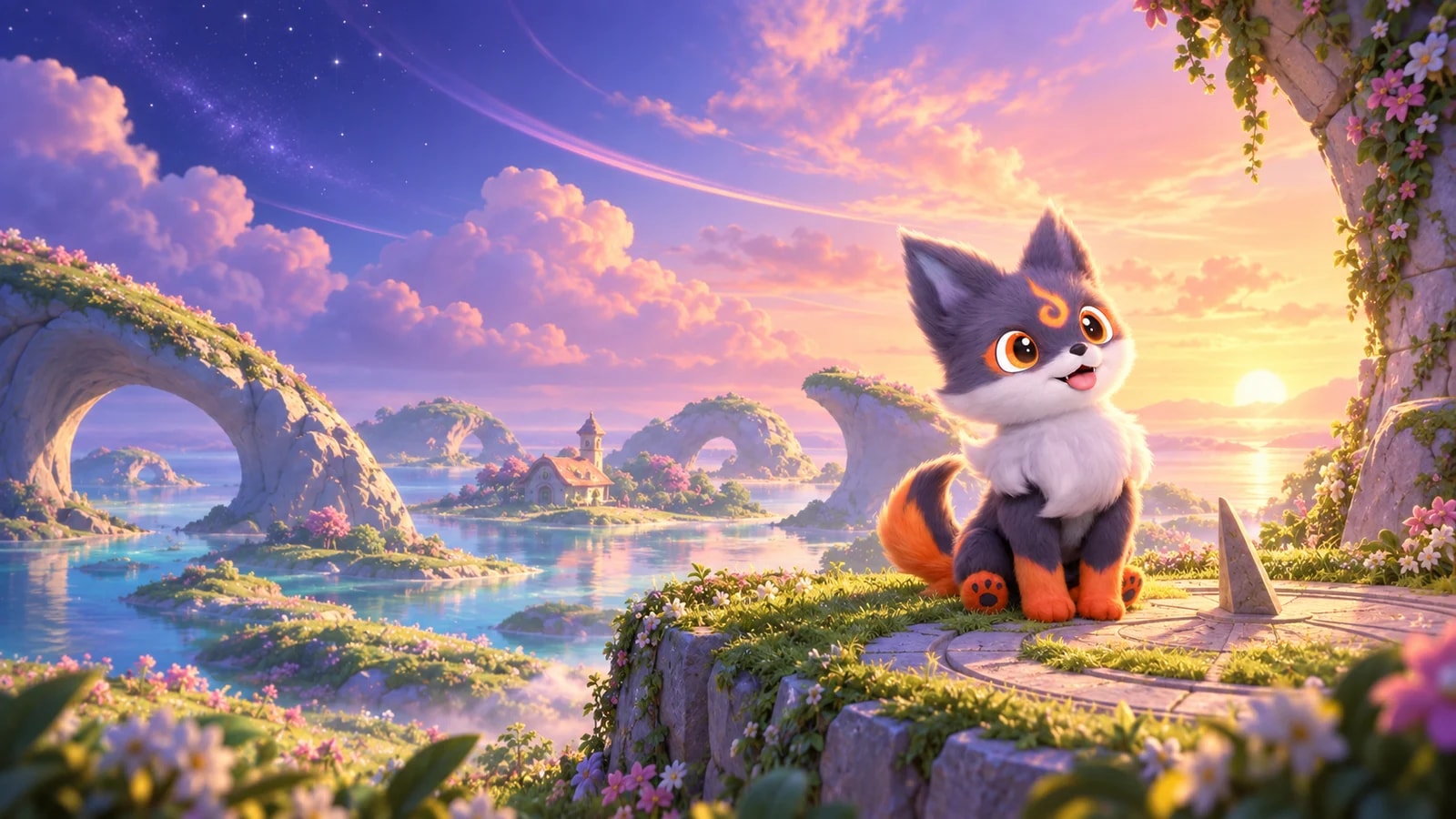 Emberpup watches an Idyll landscape beneath a sky shifting from evening to sunrise