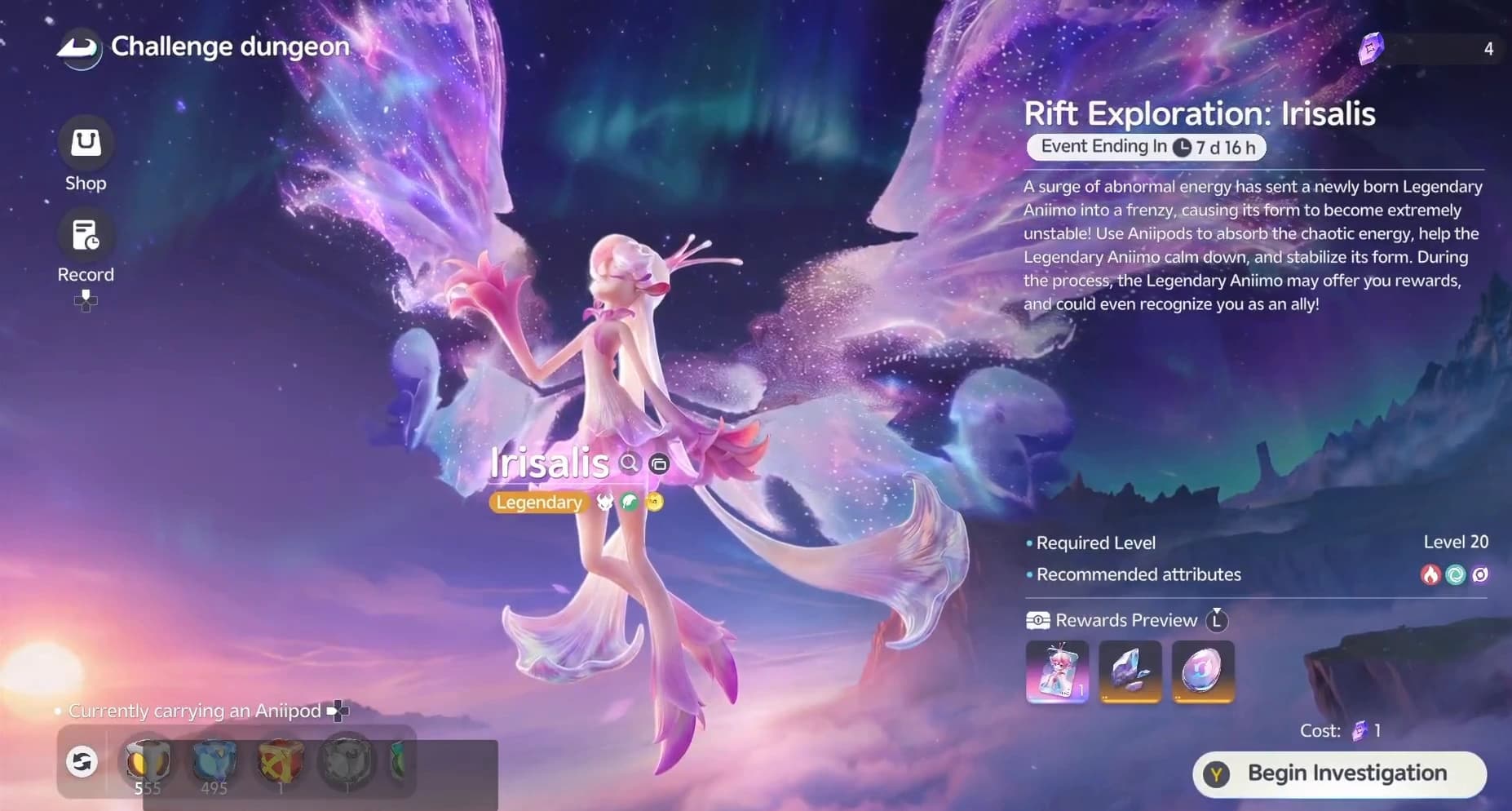 Rift Exploration entry screen showing Irisalis and the old one-Beacon event cost