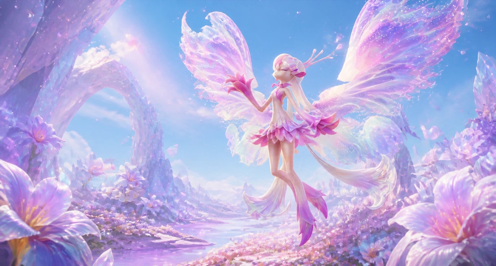 Irisalis floats above a flower-filled crystal rift under a luminous violet sky