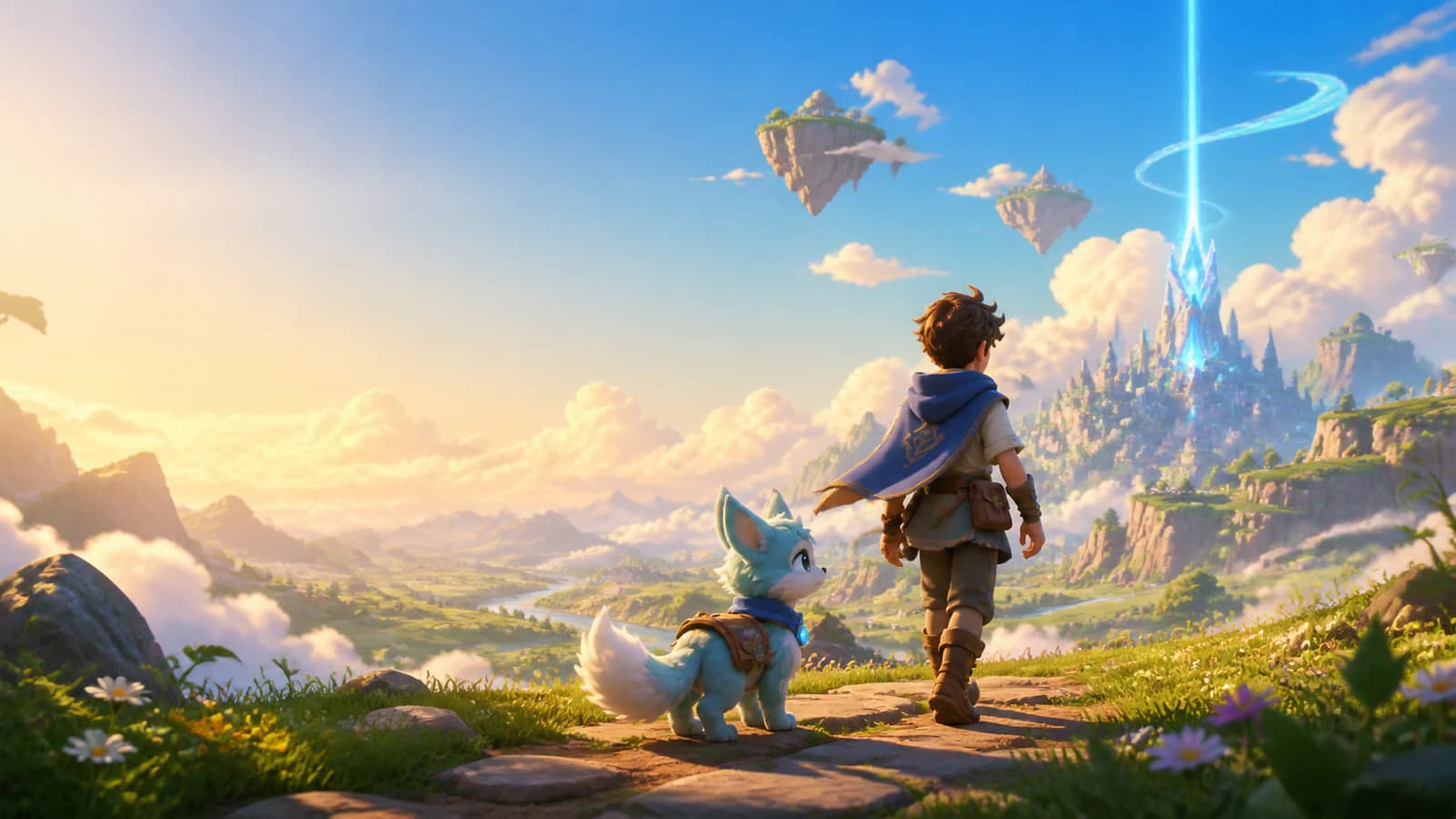 A lone Pathfinder and blue companion creature cross a sunlit ridge toward a glowing waypoint and distant crystal city