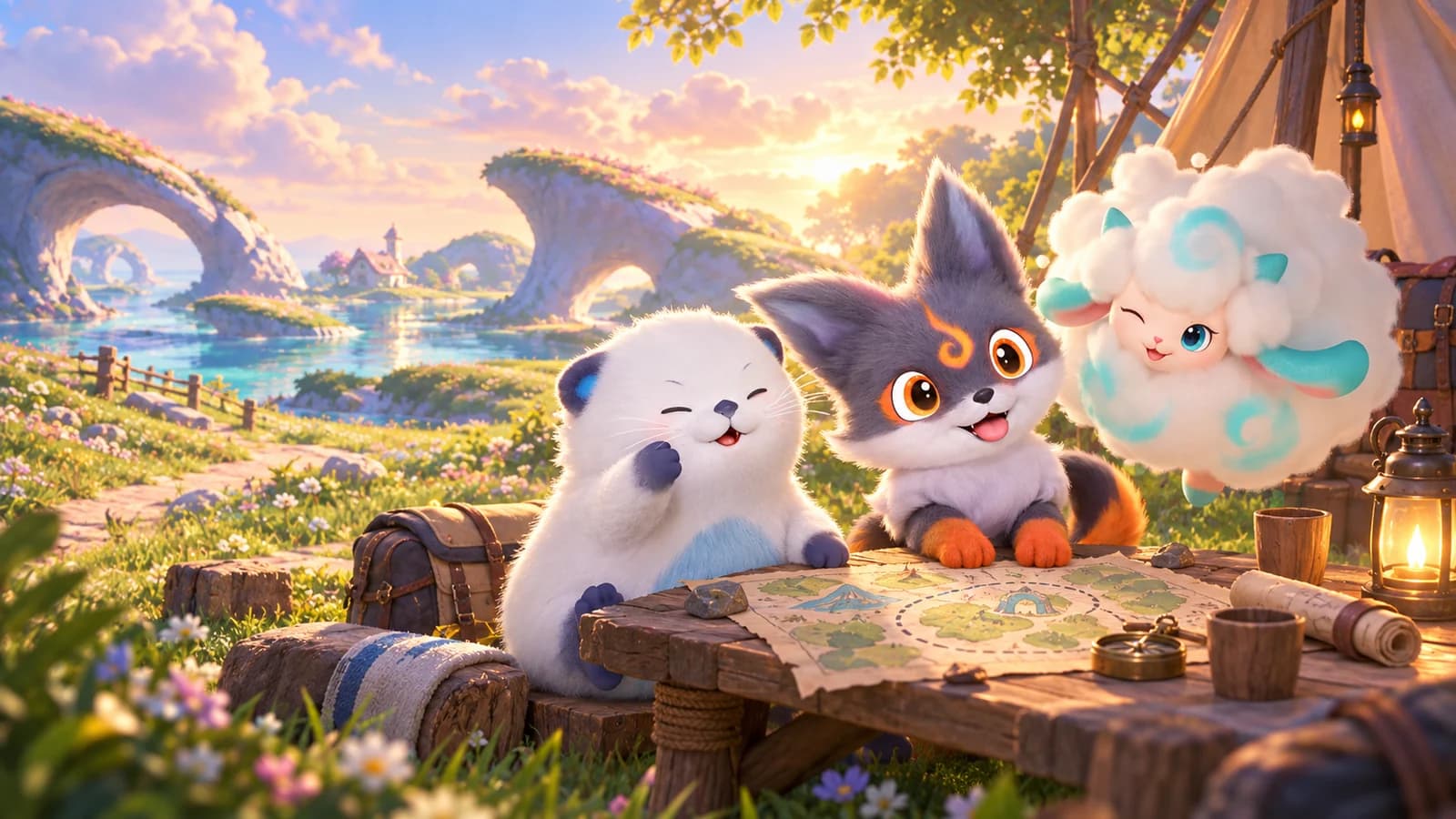 Susuta, Emberpup and Nimbi gather around a campsite map before following a shared trail