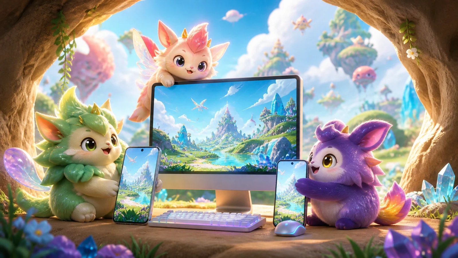Three colorful fantasy creatures gather around a desktop computer and two smartphones displaying the same bright open world