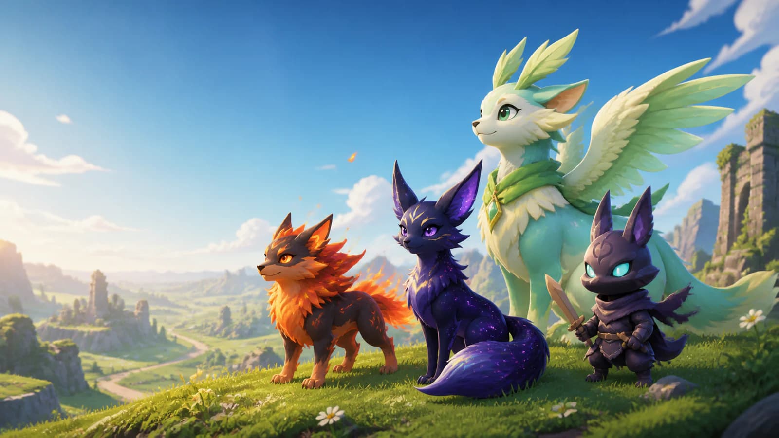 A fire wolf, starry fox, winged healer and small shadow knight stand together above a beginner valley