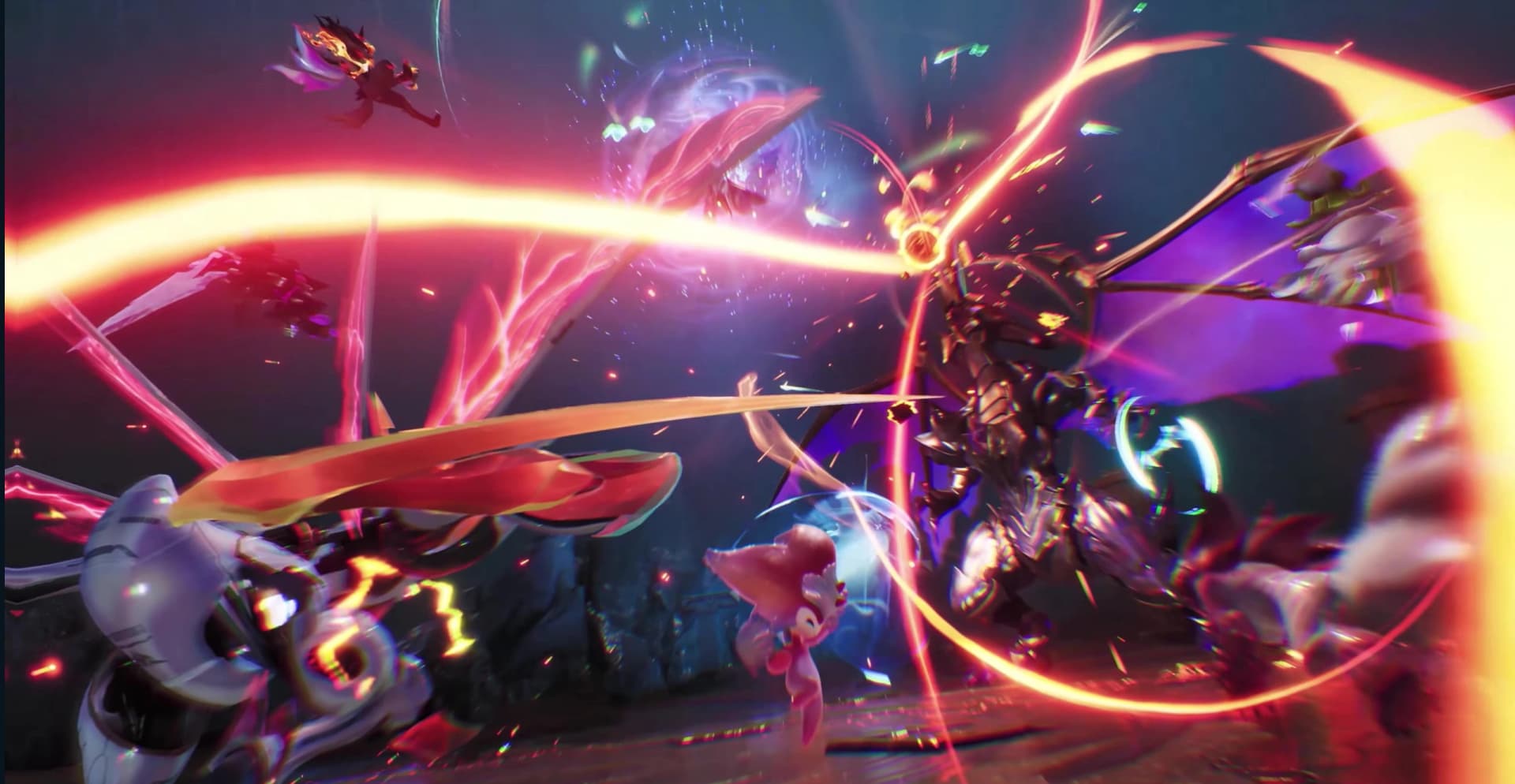 Several Aniimo converge on a towering armored winged enemy as red attack trails cross the arena.