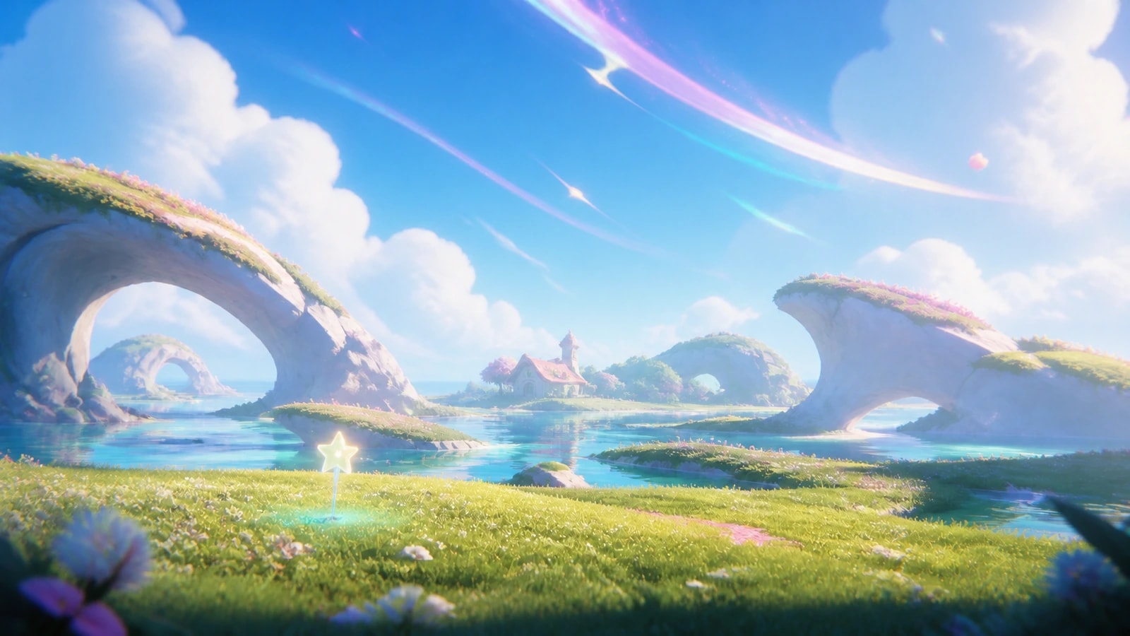 Prismatic light trails cross a candy-blue sky above a meadow, crystalline water, sculpted rock arches and a distant cottage