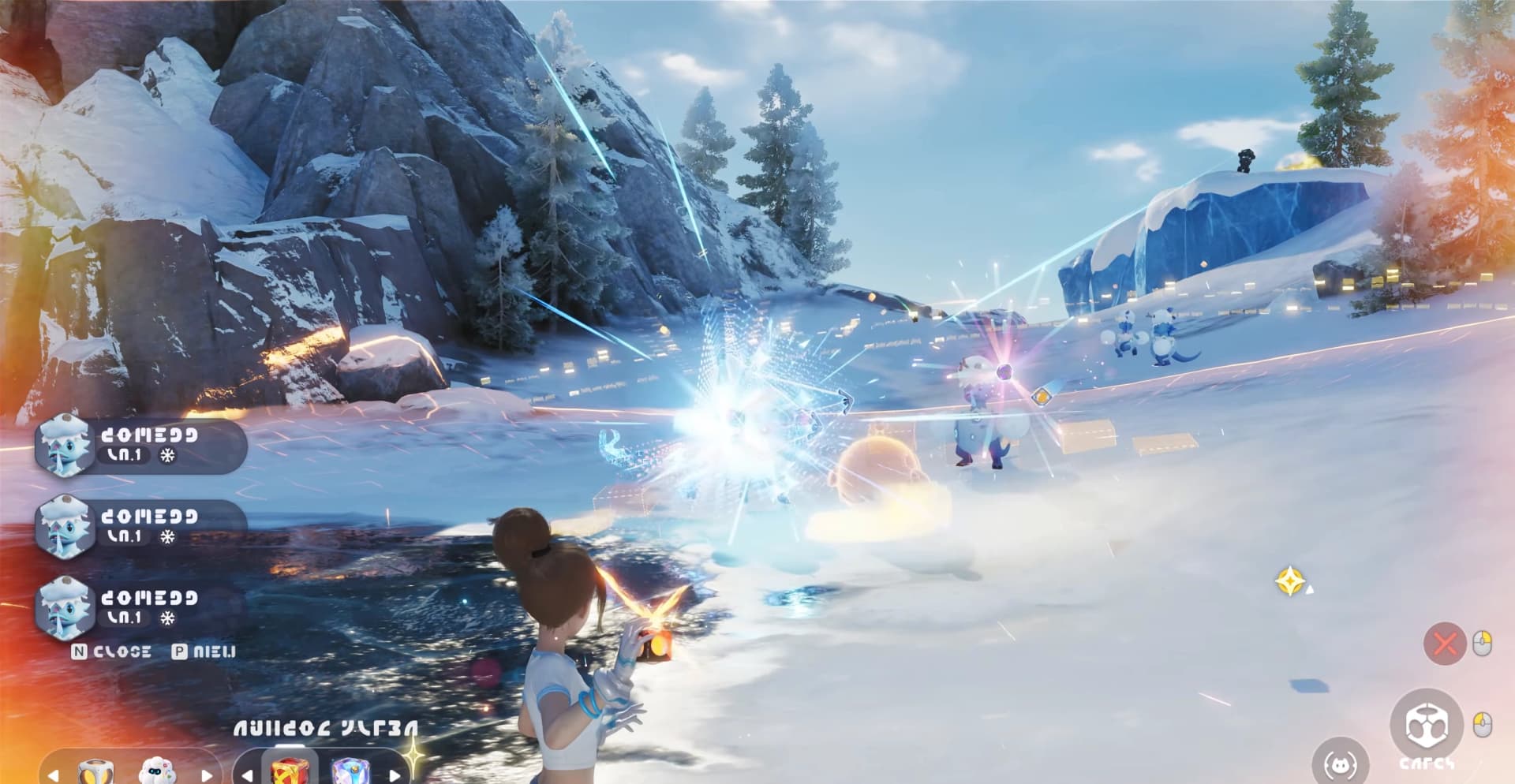 A Wayfarer faces several icy Aniimo while three matching encounter entries stack at the left and colored effects burst across the group.