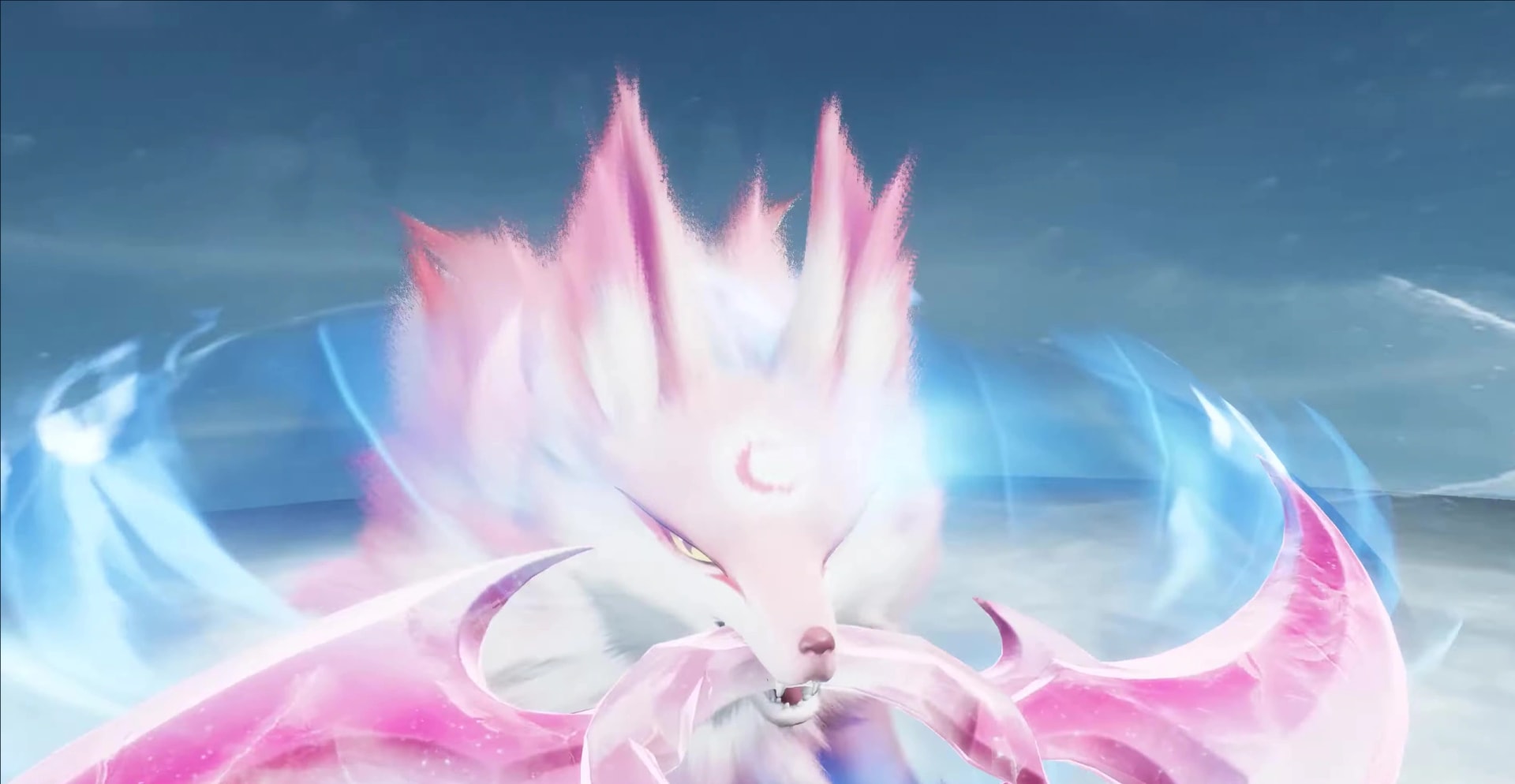 Prismana Scorchhowl rearing inside a spiral of blue energy, its mane shifting pink and white