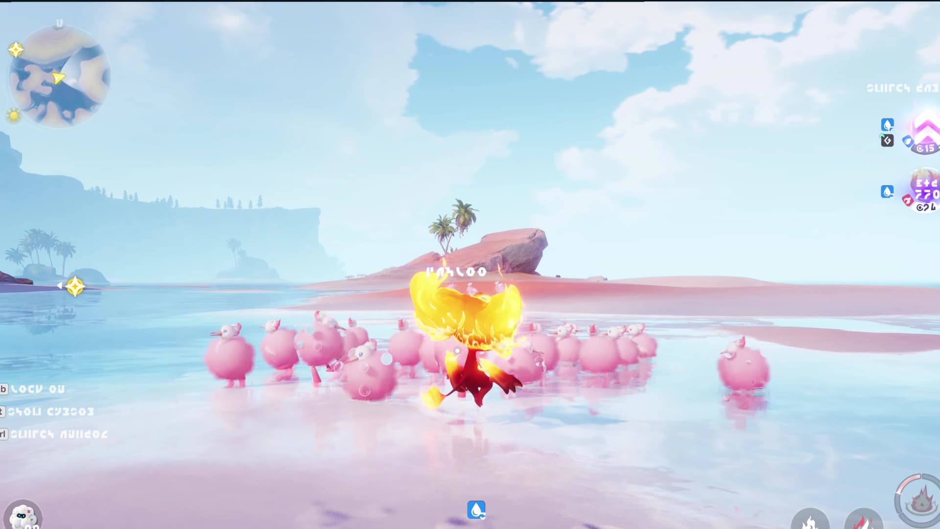 A flame-wreathed red creature faces a large group of smaller pink, round-bodied Aniimo in shallow water.