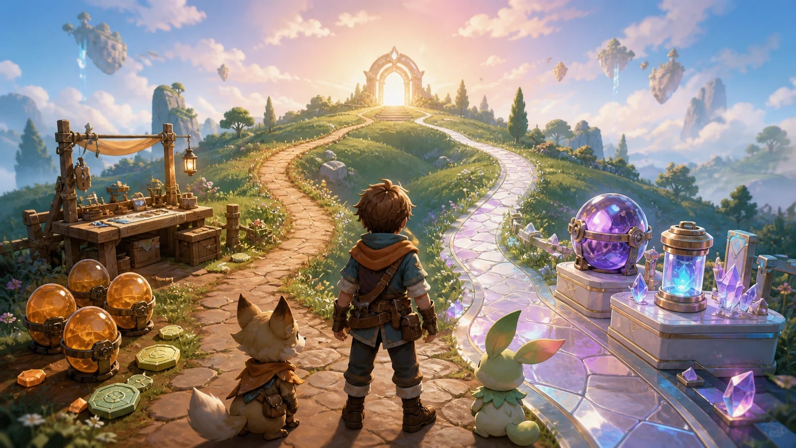 A Pathfinder and two companions face handcrafted and prismatic routes that converge on the same sunlit gateway