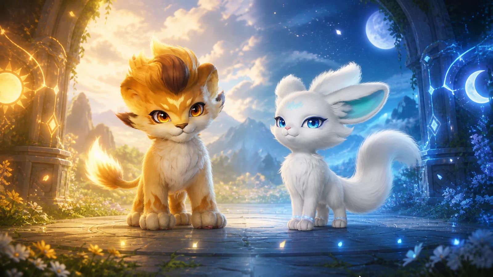 Helion and Lunara stand side by side between a sunlit gold arch and a moonlit blue arch