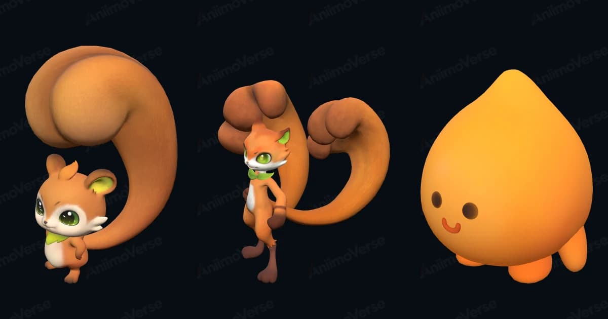 Squarrel, Squashel and Sparkelf stand side by side on the dark 3D model viewer backdrop