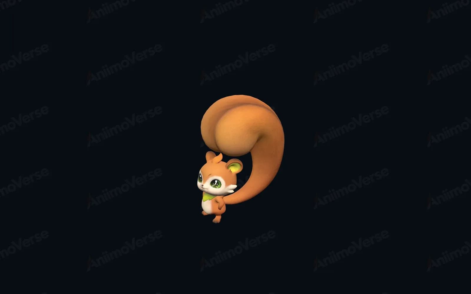 Squarrel stands with its large fist-shaped tail raised against the dark 3D model viewer backdrop