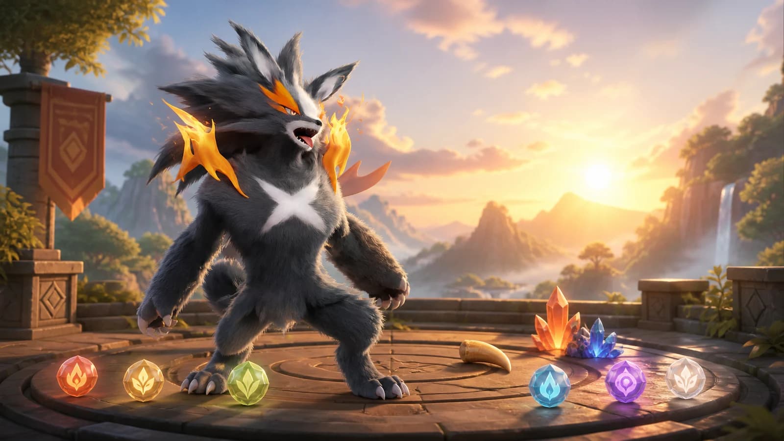 Scorchhowl stands on a sunrise training platform beside crystals and a fang-shaped carried item