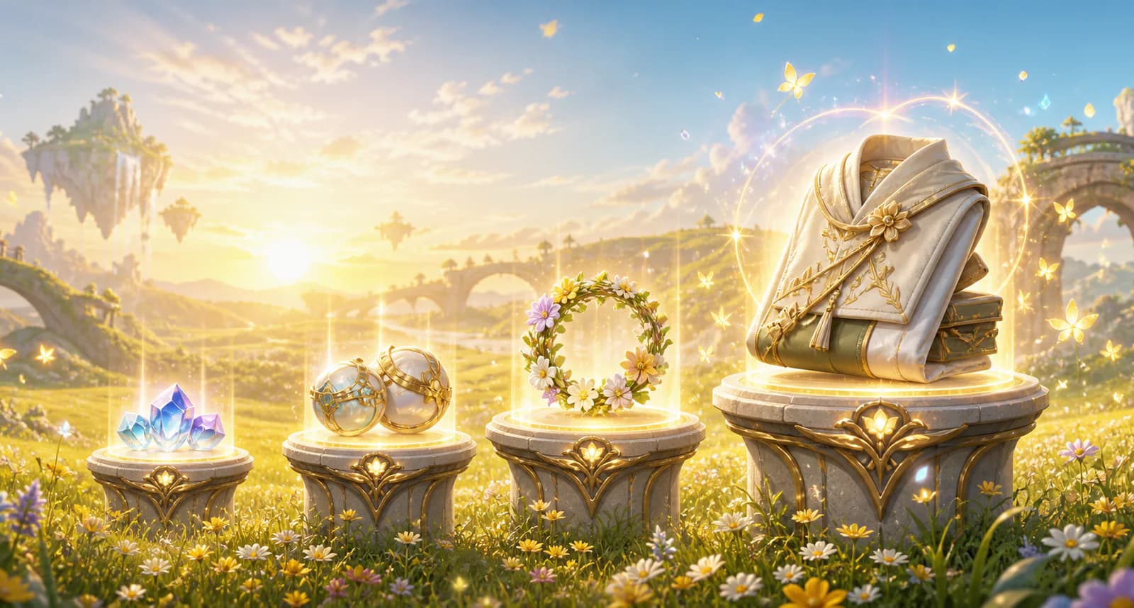 Four glowing pre-registration reward pedestals rise across a sunlit meadow, ending with the limited meadow outfit