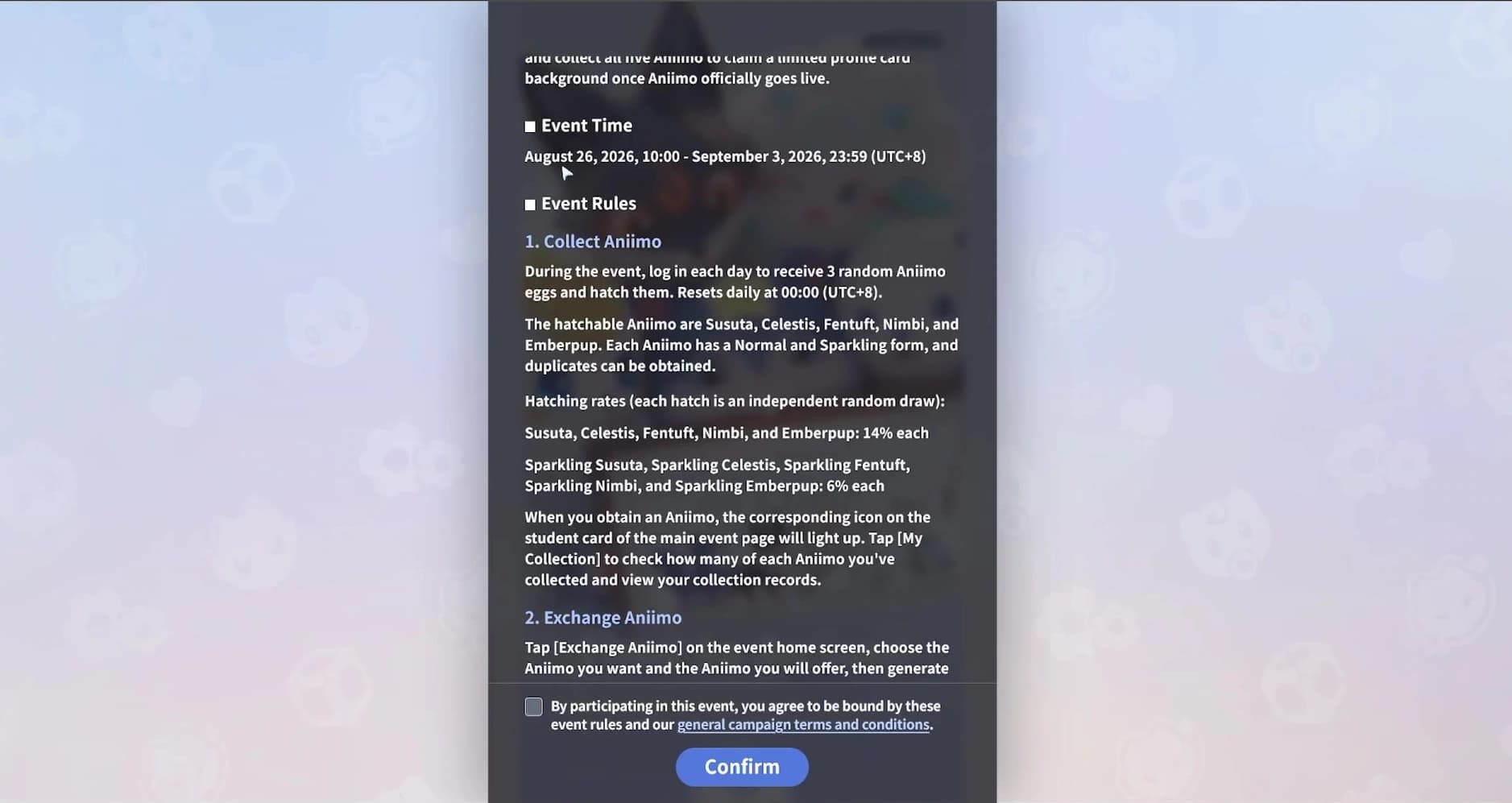 The Time to Aniimo rules panel lists the September 3 deadline, three daily eggs and the full Basic and Sparkling hatch pool