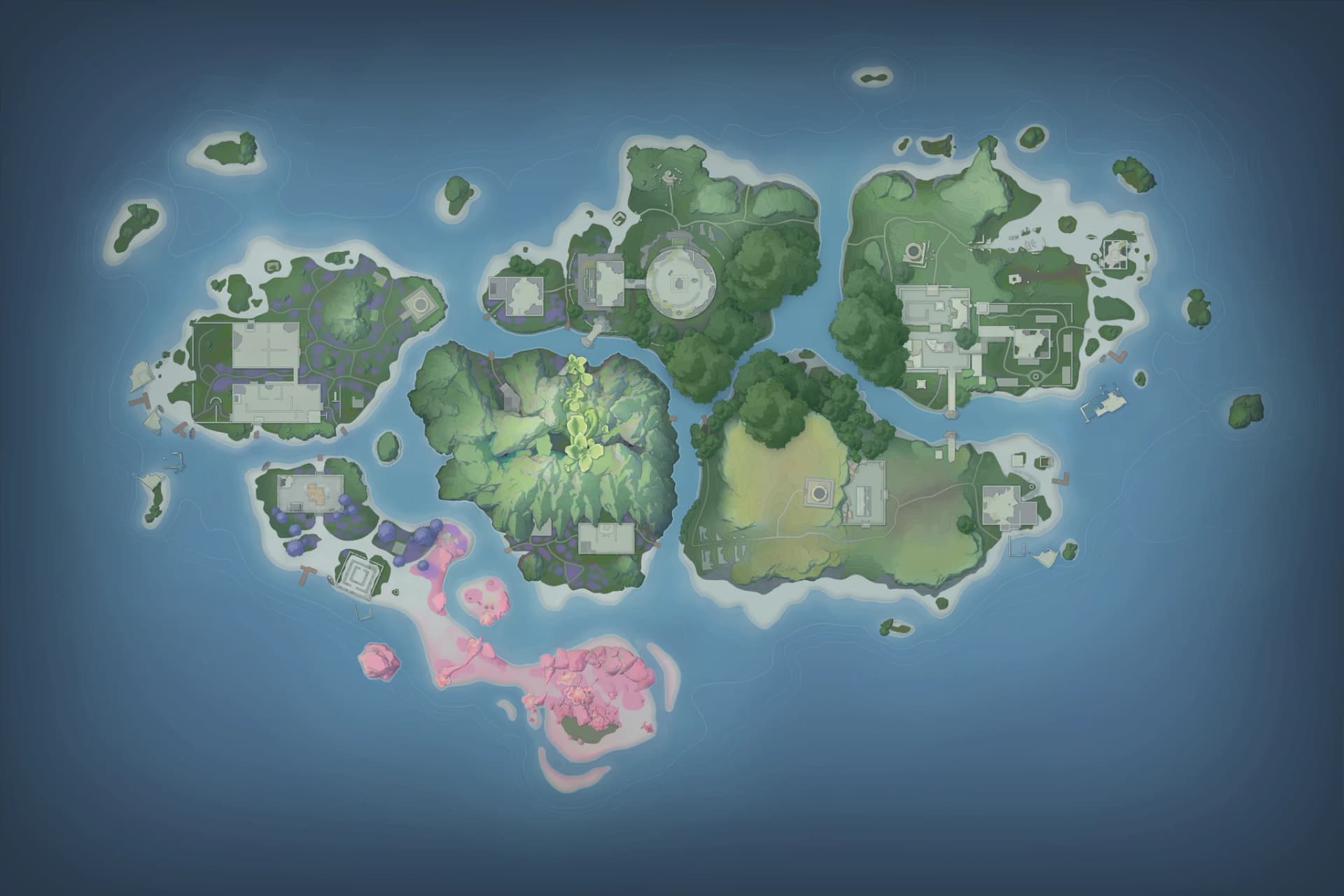 Top-down render of the Lost Islets archipelago: five wooded islands ringed by pale shallows, ruin footprints inland, and a pink coral shelf off the southern tip