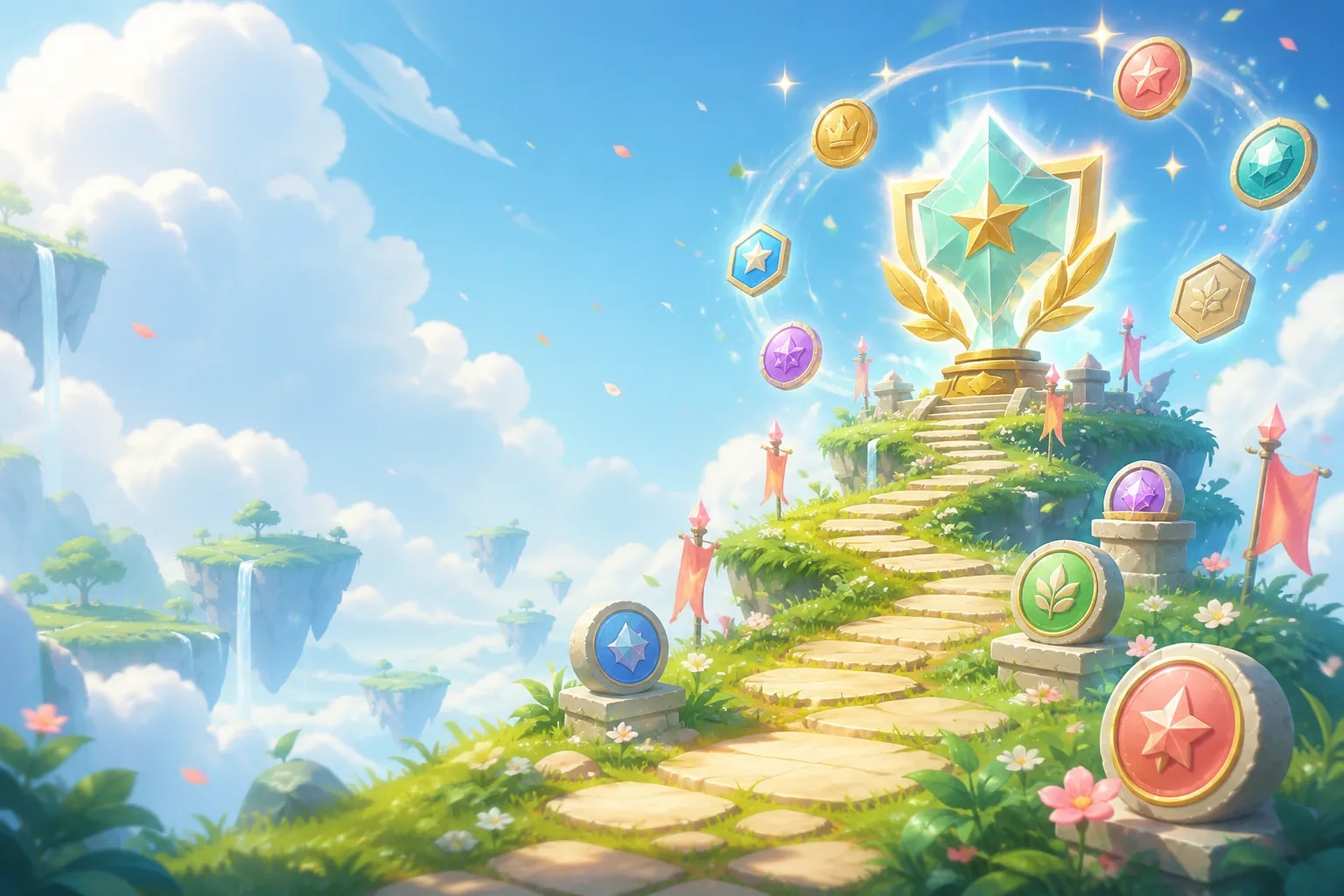A stone path climbs past floating badge discs to a golden trophy monument above the islands of Idyll