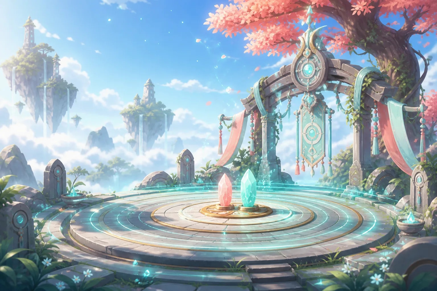 A circular training sanctuary glowing with concentric resonance waves