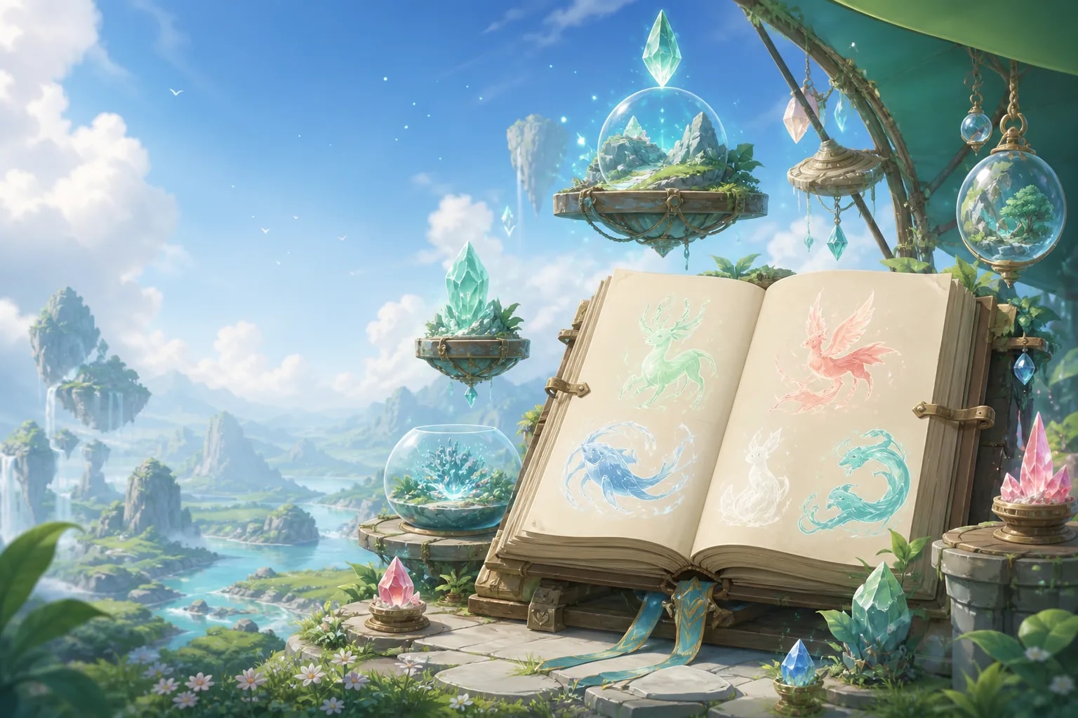 A magical bestiary surrounded by elemental creature spirits and habitat specimens