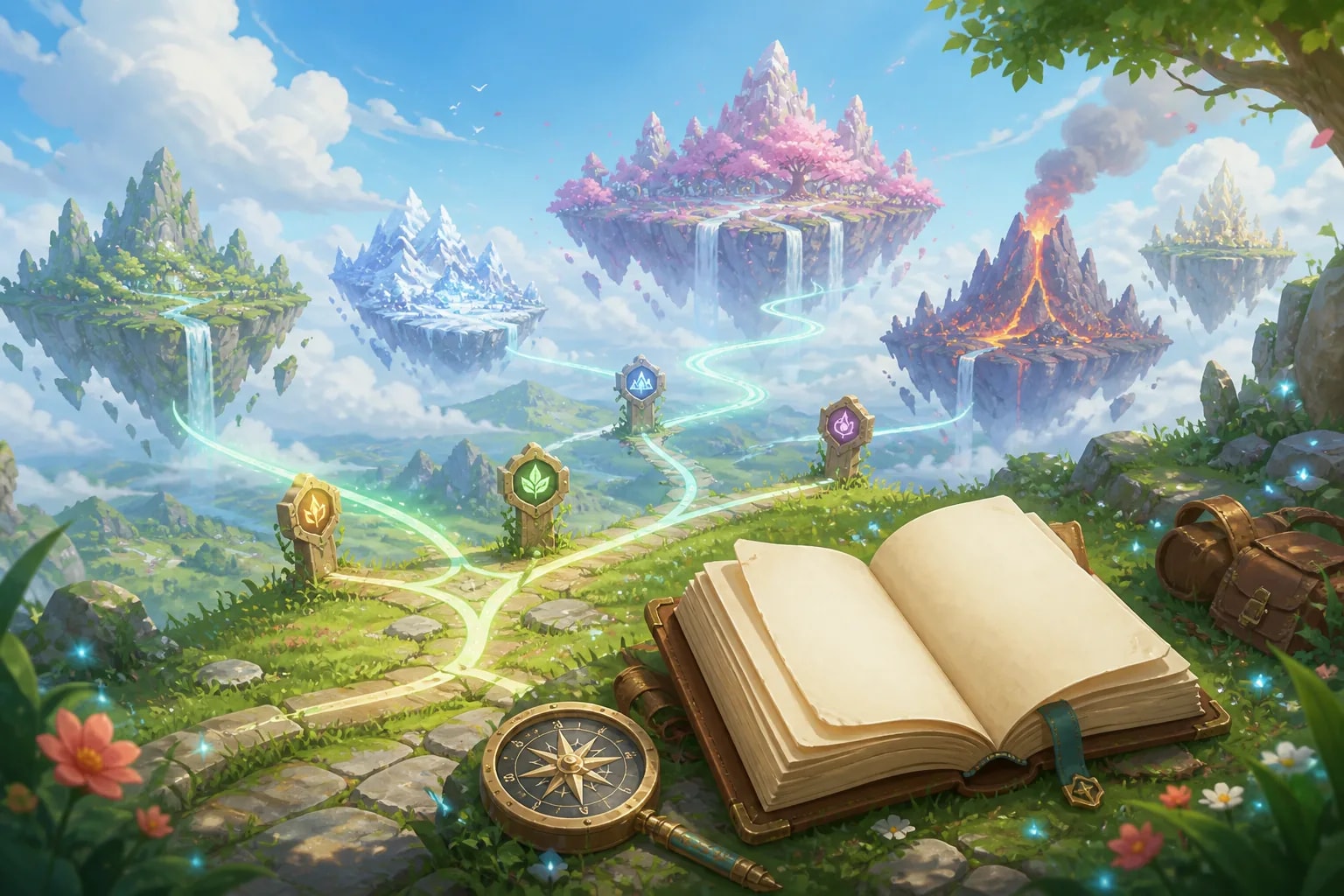 An open field journal and compass overlooking paths into several fantasy biomes