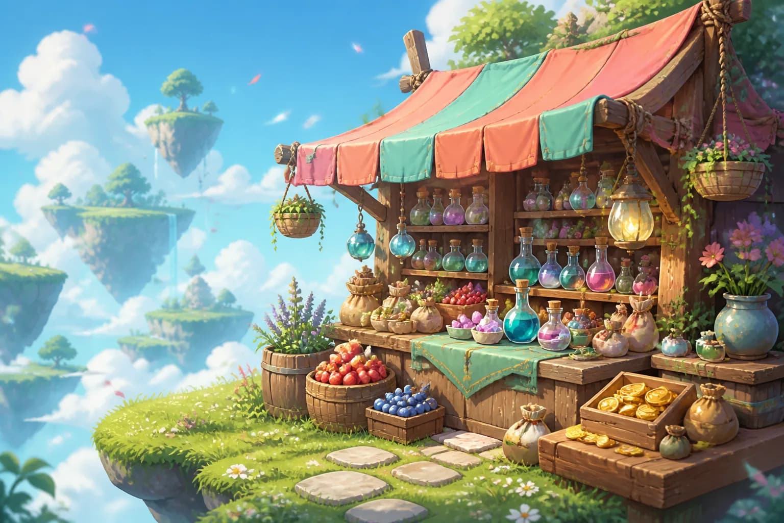 A trader stall on a floating island stacked with bottled essences, fruit baskets and crates of coins