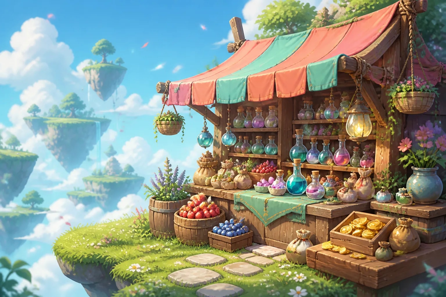 A cozy fantasy market stall stocked with potions, produce and crafting supplies
