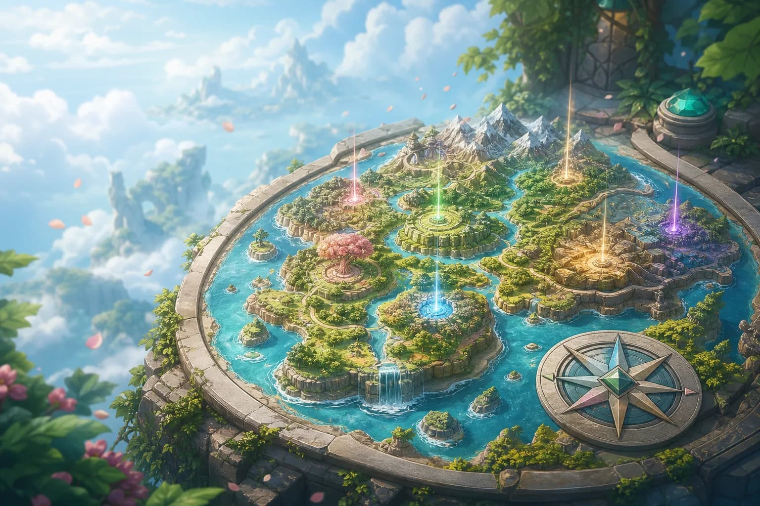 A raised relief map of Idyll with glowing location beacons, rivers and mountain paths