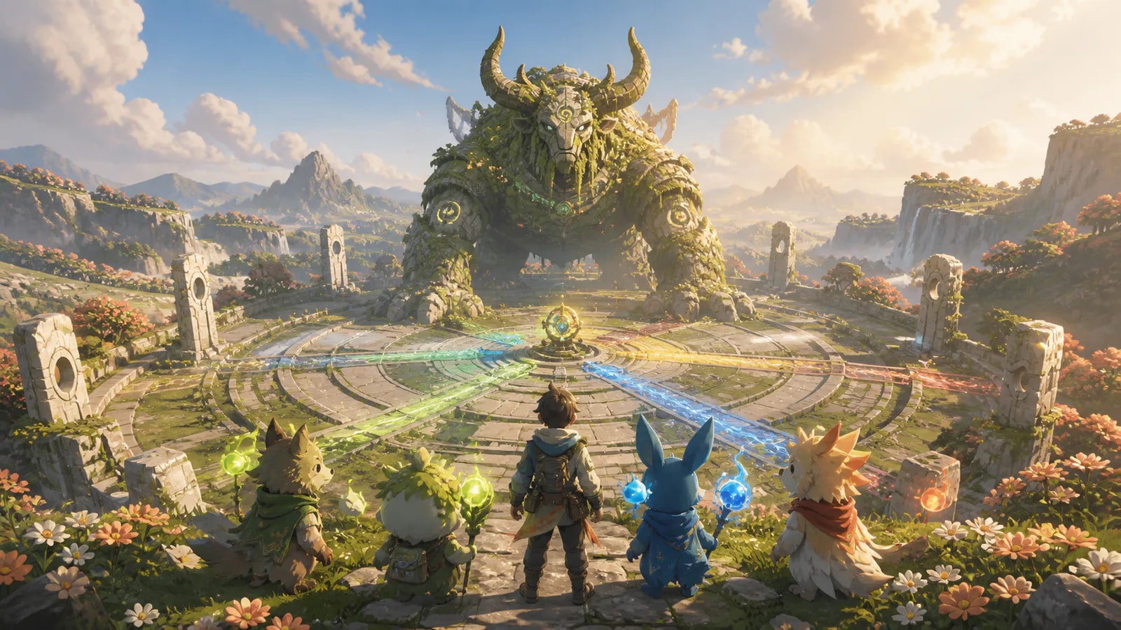 A towering world boss facing a Pathfinder team across a broken arena floor