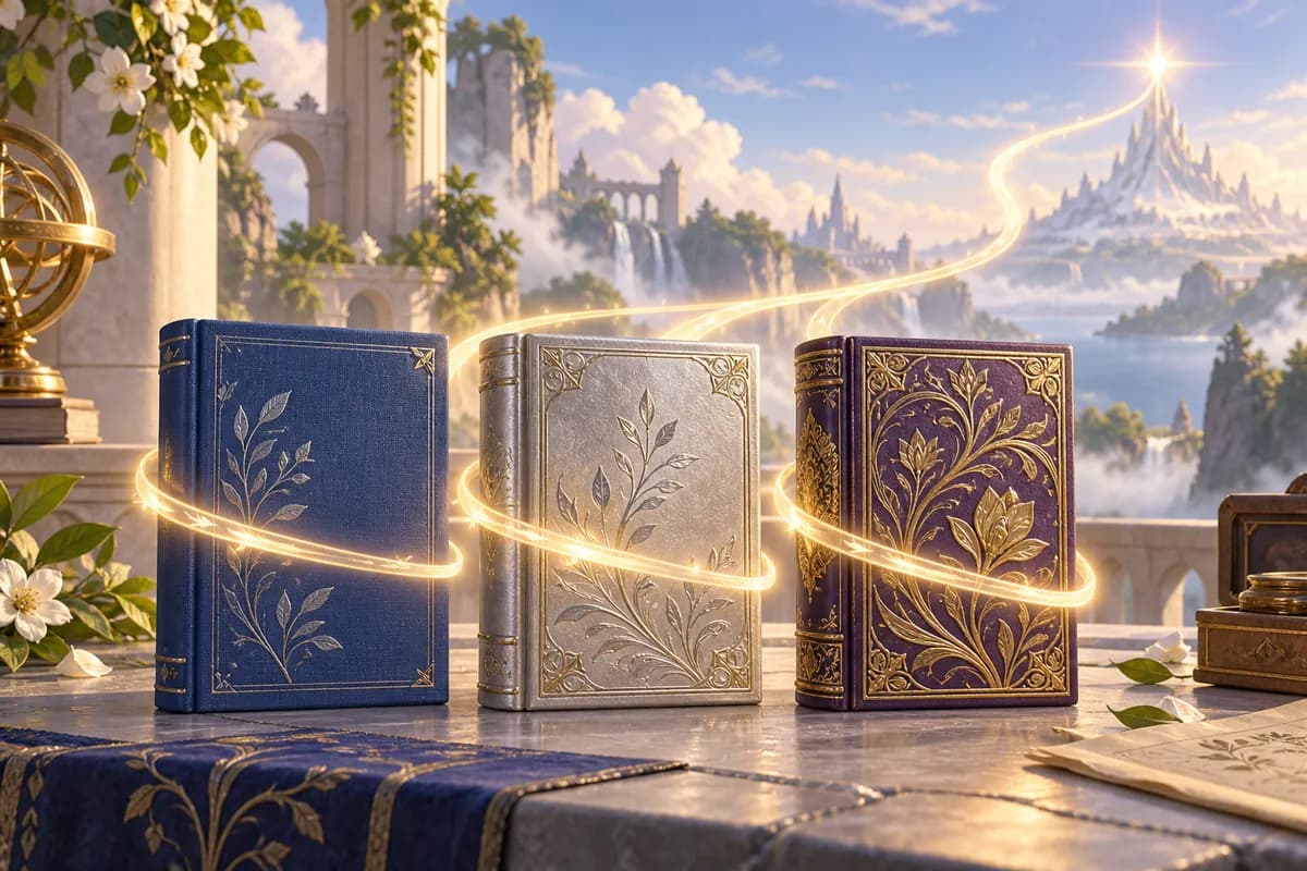 Three illustrated books with different covers and the same page thickness