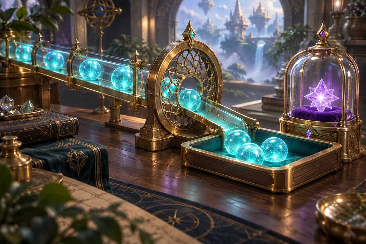 An illustrated sorting device with a separate compartment protecting a unique crystal