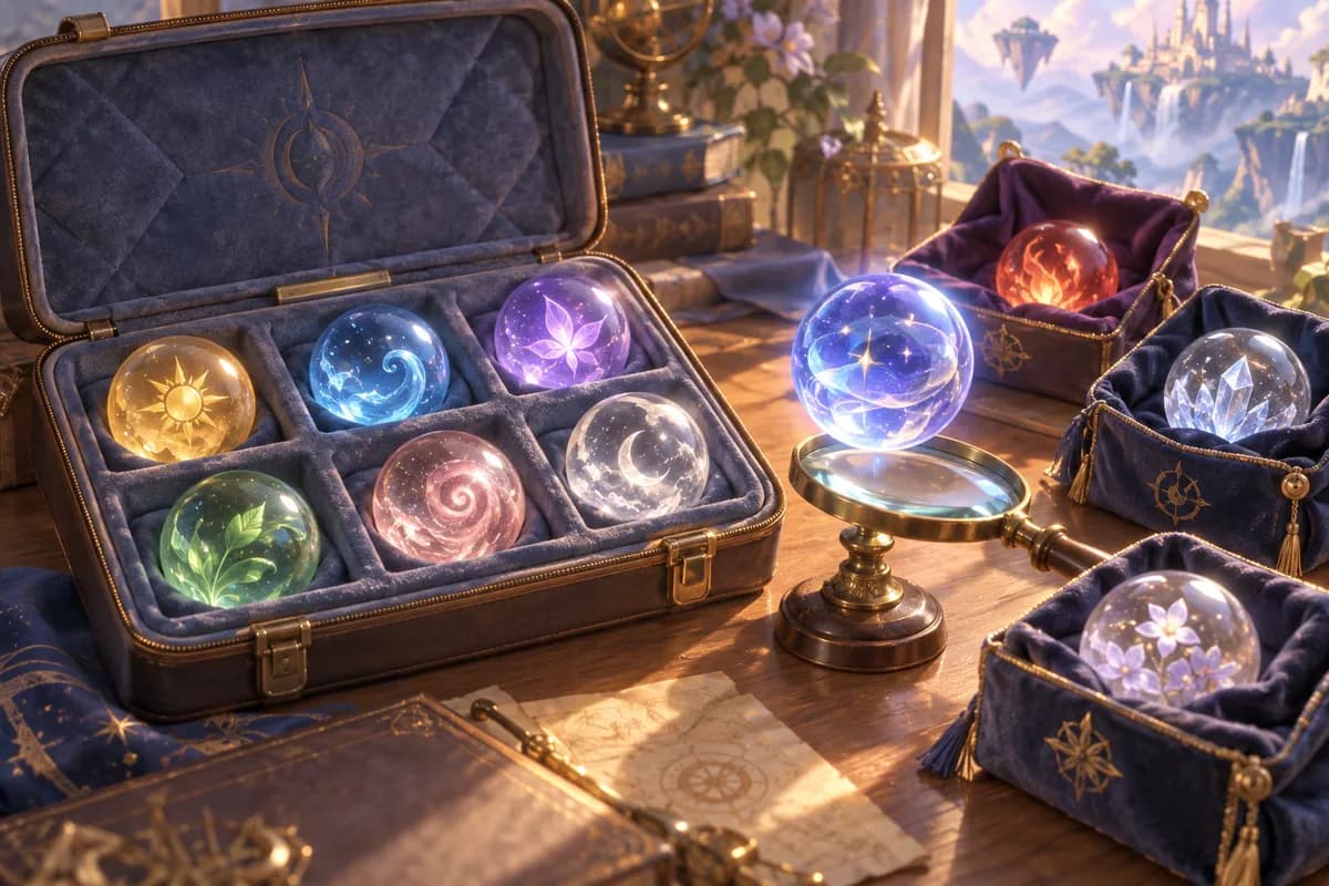 An illustrated travel case with crystals set aside for individual inspection