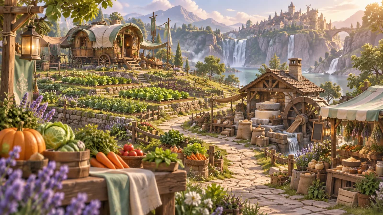 An illustrated RV garden, processing workshop and market connected by a short path