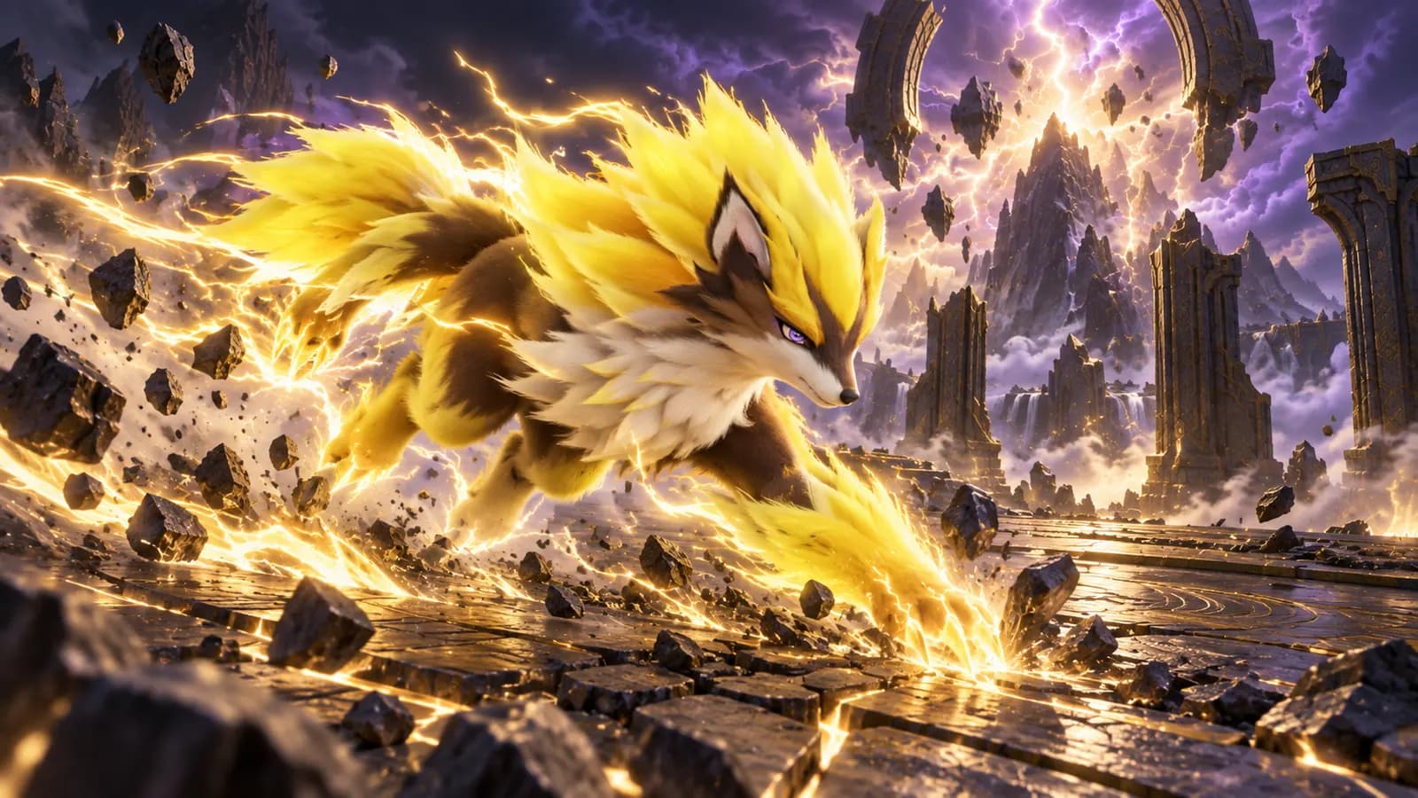 Blazen dashes across a stormy arena with trails of golden lightning
