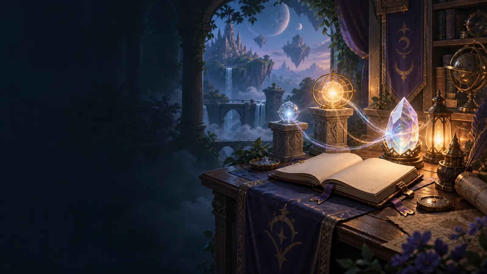 A luminous crystal beside an open fieldbook in a fantasy study